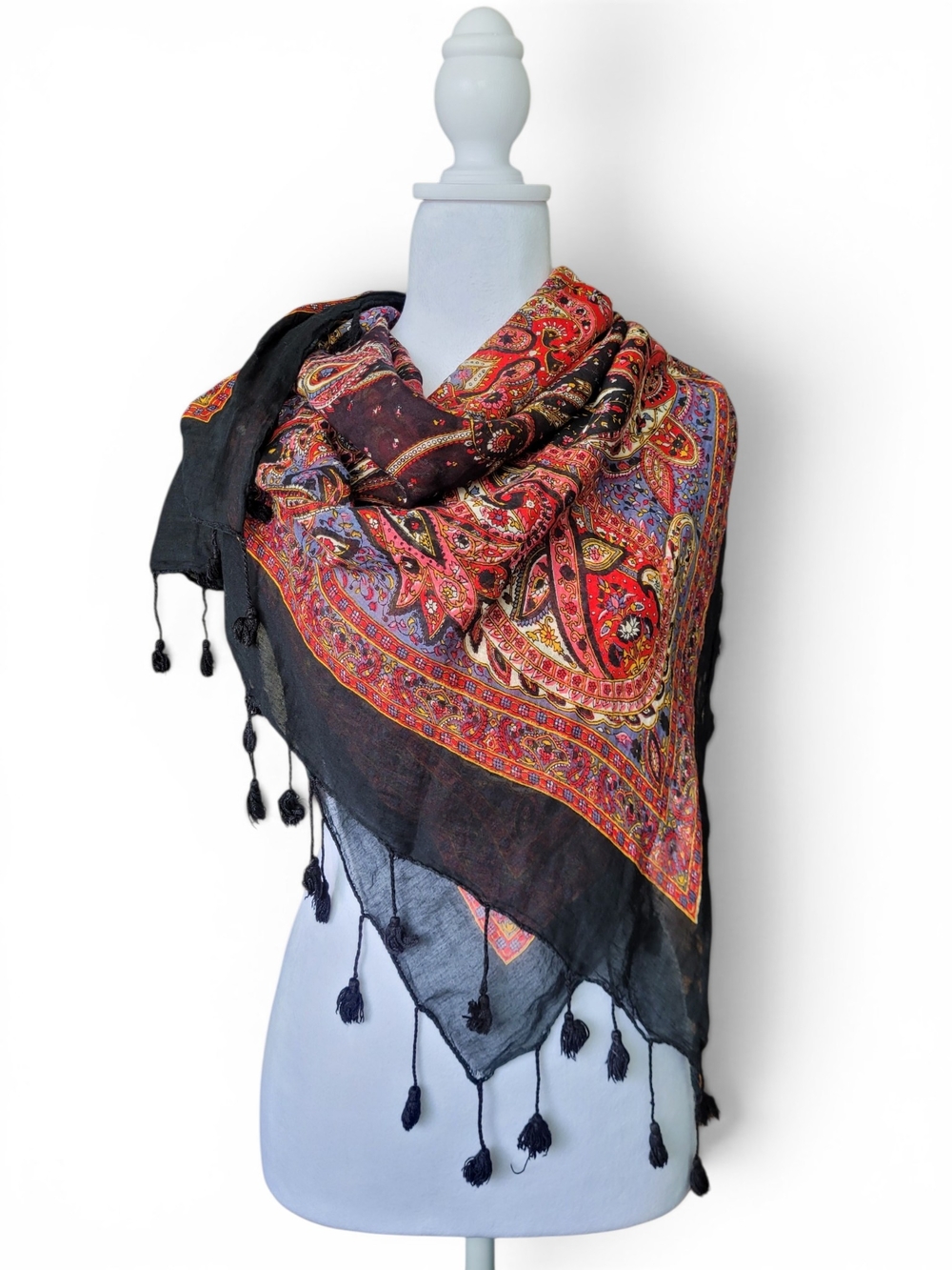Paisley Tassel Scarf Vintage 70s Style Boho Whimsigoth Black & Red Mandala